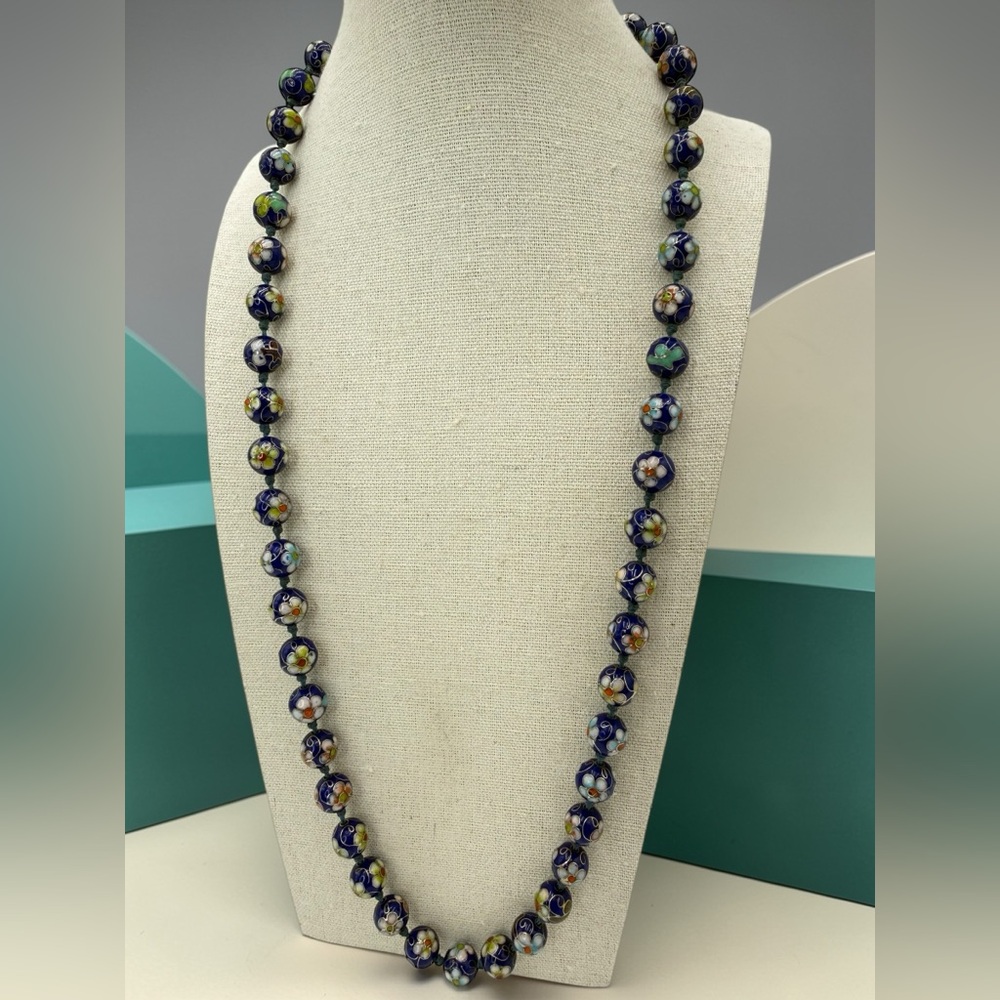 Vintage Blue Cloisonné Bead Necklace Silver Scrollwork 24” Sterling Silver Clasp